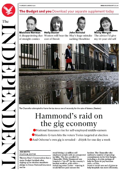 The Independent Newspaper Front Page (UK) for 9 March 2017