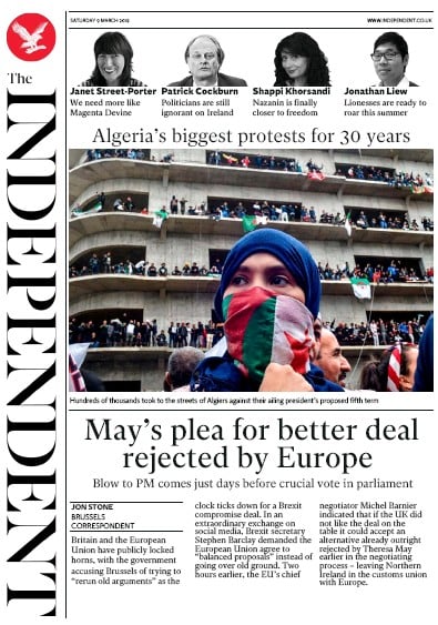 The Independent Newspaper Front Page (UK) for 9 March 2019