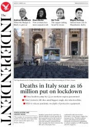 The Independent (UK) Newspaper Front Page for 9 March 2020