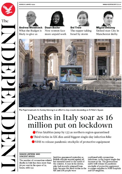 The Independent Newspaper Front Page (UK) for 9 March 2020