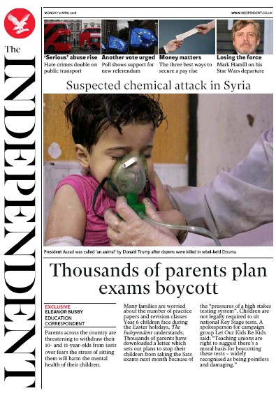 The Independent Newspaper Front Page (UK) for 9 April 2018