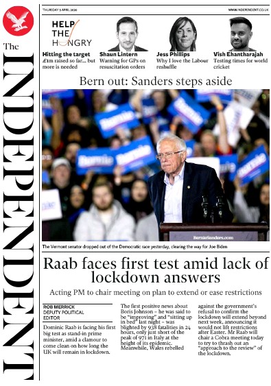 The Independent Newspaper Front Page (UK) for 9 April 2020