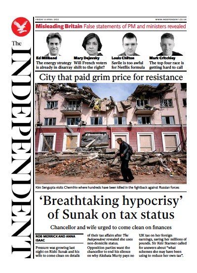The Independent Newspaper Front Page (UK) for 9 April 2022