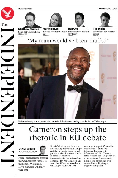 The Independent Newspaper Front Page (UK) for 9 May 2016
