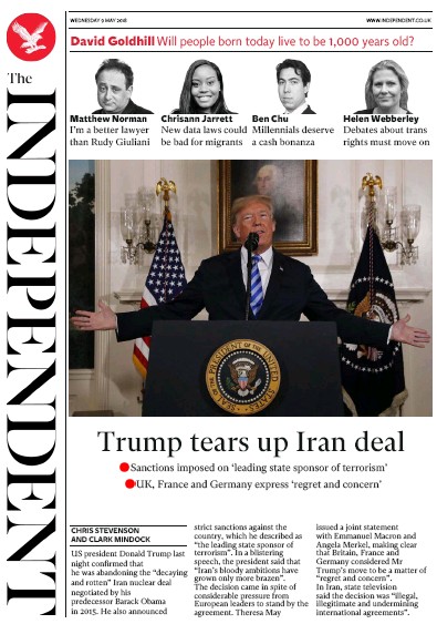 The Independent Newspaper Front Page (UK) for 9 May 2018