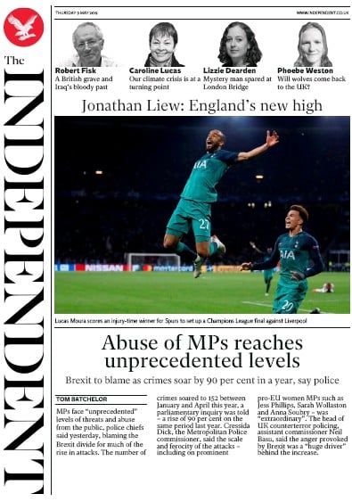 The Independent Newspaper Front Page (UK) for 9 May 2019