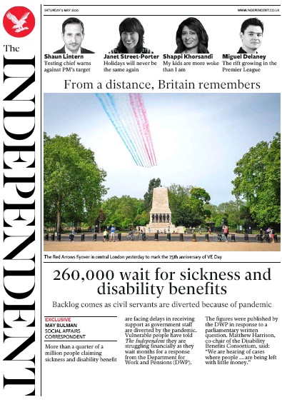 The Independent Newspaper Front Page (UK) for 9 May 2020