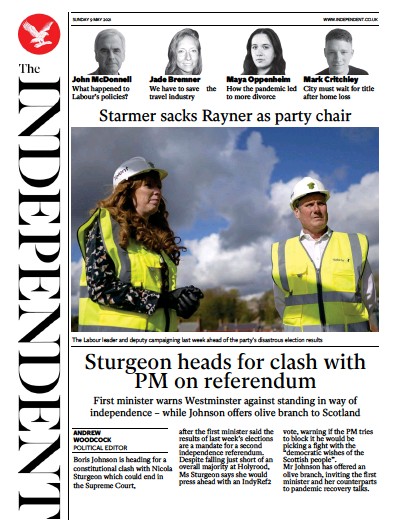 The Independent Newspaper Front Page (UK) for 9 May 2021