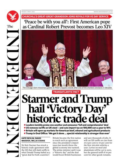 The Independent Newspaper Front Page (UK) for 9 May 2025