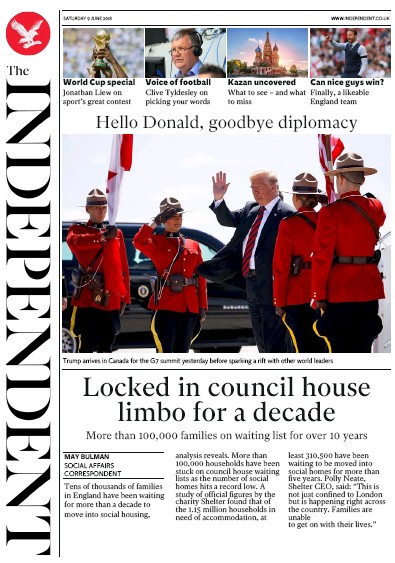The Independent Newspaper Front Page (UK) for 9 June 2018