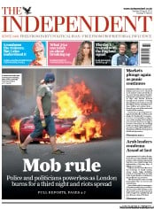 The Independent (UK) Newspaper Front Page for 9 August 2011