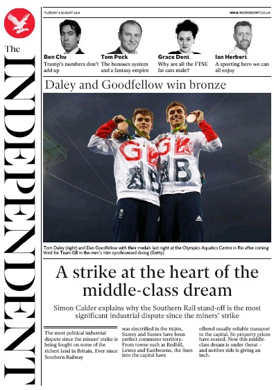 The Independent Newspaper Front Page (UK) for 9 August 2016
