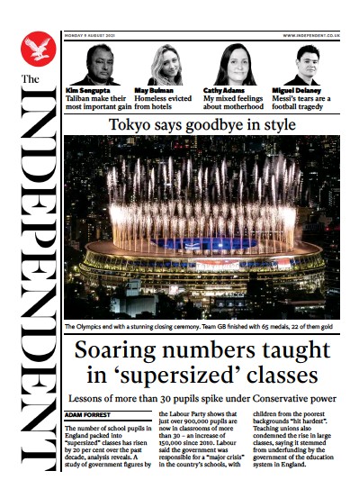 The Independent Newspaper Front Page (UK) for 9 August 2021