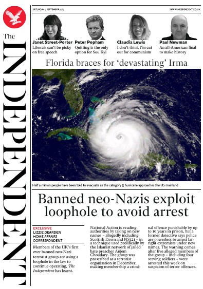 The Independent Newspaper Front Page (UK) for 9 September 2017