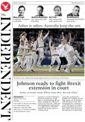 The Independent (UK) Newspaper Front Page for 9 September 2019