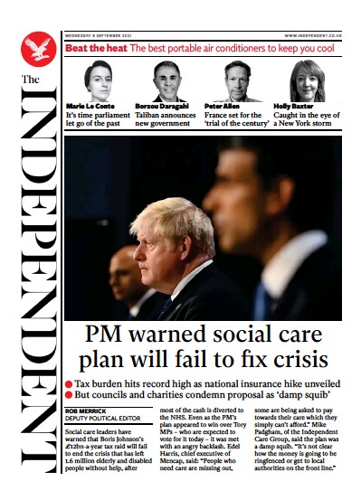 The Independent Newspaper Front Page (UK) for 9 September 2021