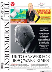 The Independent on Sunday (UK) Newspaper Front Page for 12 January 2014