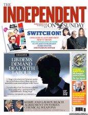 The Independent on Sunday (UK) Newspaper Front Page for 15 September 2013