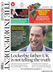 The Independent on Sunday (UK) Newspaper Front Page for 22 December 2013