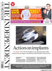 The Independent on Sunday (UK) Newspaper Front Page for 29 December 2013