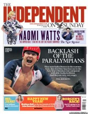 The Independent on Sunday (UK) Newspaper Front Page for 30 December 2012