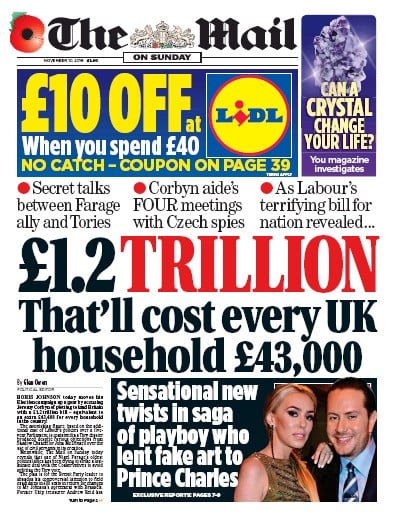 The Mail on Sunday Newspaper Front Page (UK) for 10 November 2019