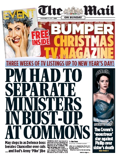 The Mail on Sunday Newspaper Front Page (UK) for 10 December 2017