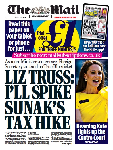 The Mail on Sunday Newspaper Front Page (UK) for 10 July 2022