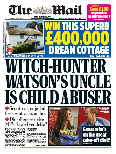 The Mail on Sunday Newspaper Front Page (UK) for 11 October 2015