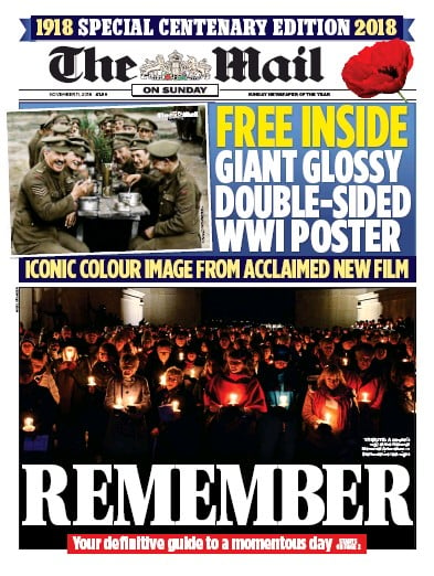 The Mail on Sunday Newspaper Front Page (UK) for 11 November 2018