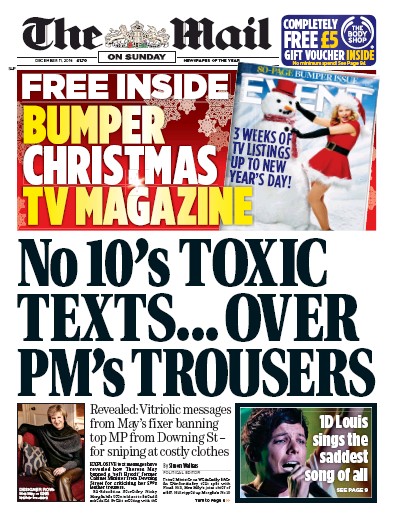 The Mail on Sunday Newspaper Front Page (UK) for 11 December 2016