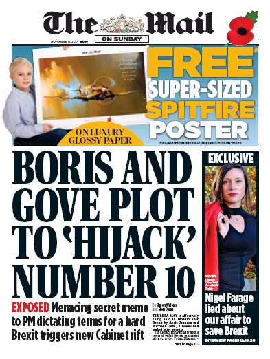 The Mail on Sunday Newspaper Front Page (UK) for 12 November 2017