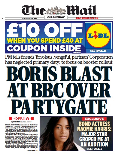 The Mail on Sunday Newspaper Front Page (UK) for 12 December 2021