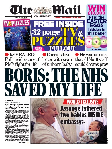 The Mail on Sunday Newspaper Front Page (UK) for 12 April 2020