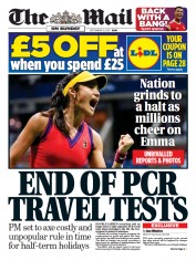 The Mail on Sunday (UK) Newspaper Front Page for 12 September 2021