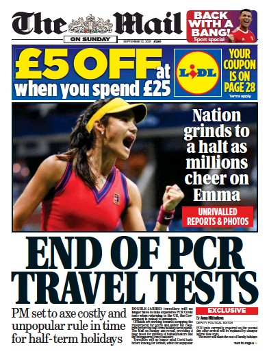 The Mail on Sunday Newspaper Front Page (UK) for 12 September 2021