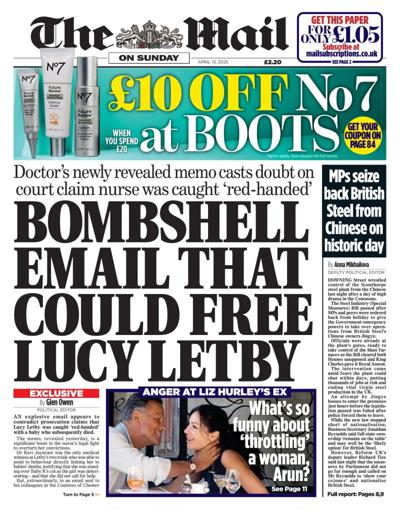 The Mail on Sunday Newspaper Front Page (UK) for 13 April 2025