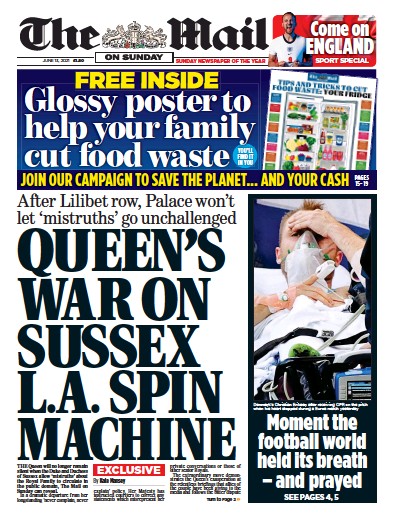 The Mail on Sunday Newspaper Front Page (UK) for 13 June 2021