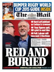 The Mail on Sunday (UK) Newspaper Front Page for 13 September 2015