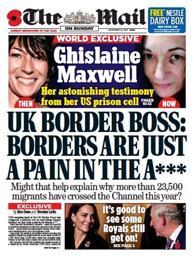 The Mail on Sunday Newspaper Front Page (UK) for 14 November 2021