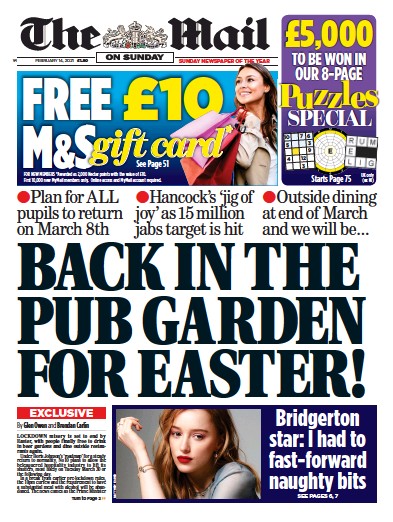The Mail on Sunday Newspaper Front Page (UK) for 14 February 2021