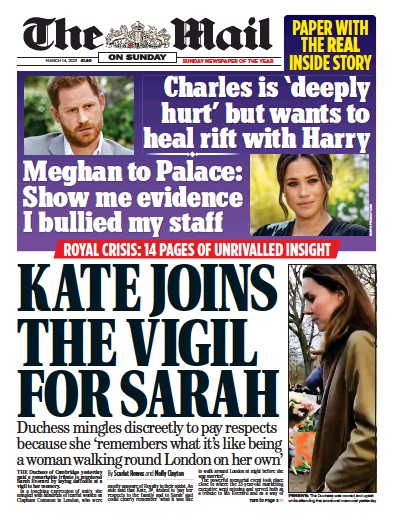 The Mail on Sunday Newspaper Front Page (UK) for 14 March 2021