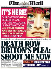 The Mail on Sunday (UK) Newspaper Front Page for 14 April 2013