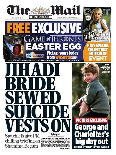 The Mail on Sunday Newspaper Front Page (UK) for 14 April 2019