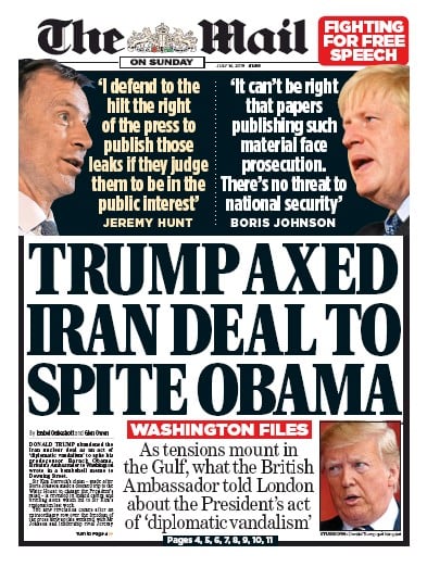 The Mail on Sunday Newspaper Front Page (UK) for 14 July 2019