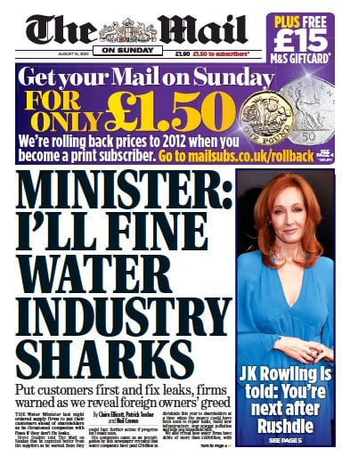 The Mail on Sunday Newspaper Front Page (UK) for 14 August 2022
