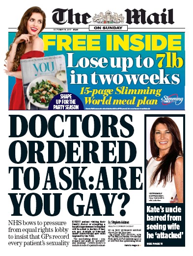 The Mail on Sunday Newspaper Front Page (UK) for 15 October 2017