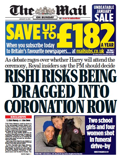 The Mail on Sunday Newspaper Front Page (UK) for 15 January 2023