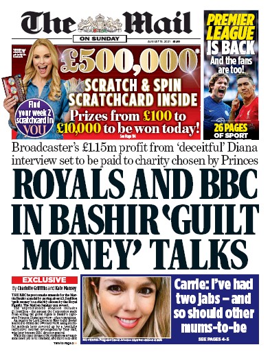 The Mail on Sunday Newspaper Front Page (UK) for 15 August 2021