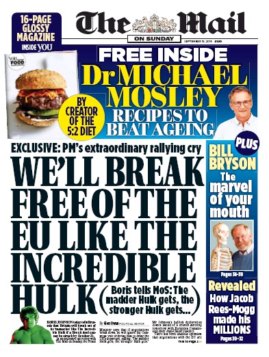 The Mail on Sunday Newspaper Front Page (UK) for 15 September 2019